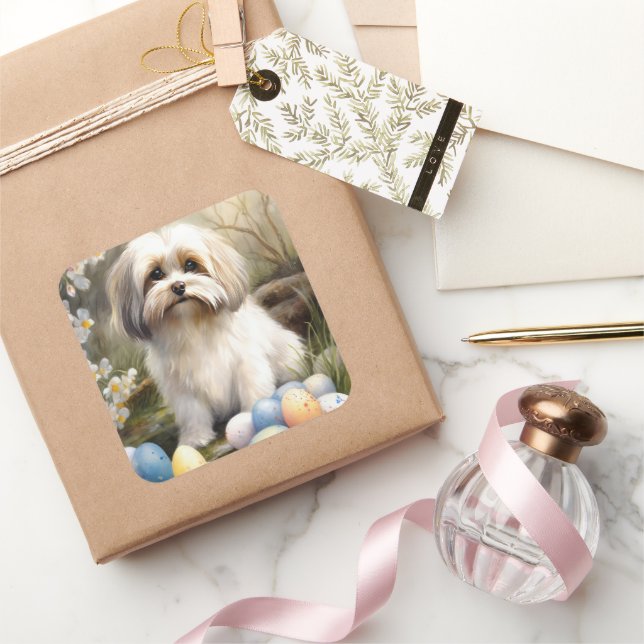 Havanese with Easter Eggs Square Sticker (Gifting)