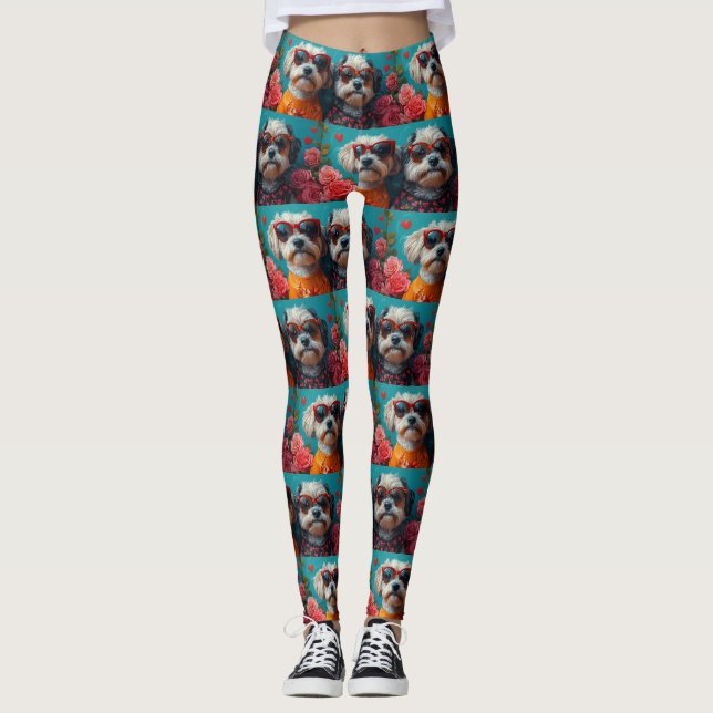 Havanese With Heart Roses Valentine's Day Leggings (Front)
