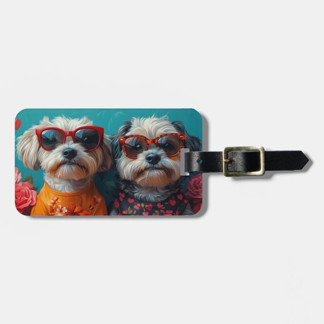 Havanese With Heart Roses Valentine's Day Luggage Tag (Front Horizontal)