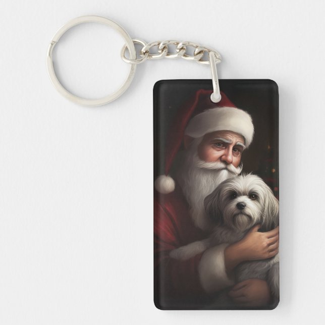 Havanese With Santa Claus Festive Christmas Key Ring (Front)