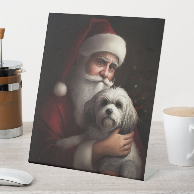 Havanese With Santa Claus Festive Christmas Pedestal Sign (In SItu)