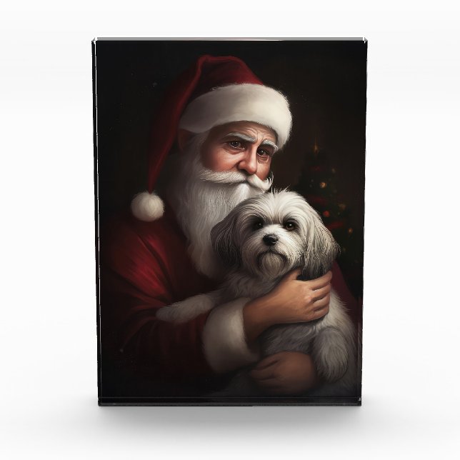 Havanese With Santa Claus Festive Christmas Photo Block (Front)
