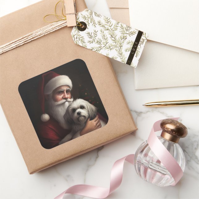 Havanese With Santa Claus Festive Christmas Square Sticker (Gifting)