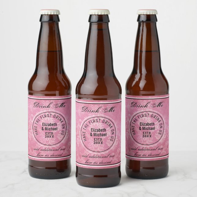 Have 1st Drink On Us - DRINK ME PINK Wedding Favou Beer Bottle Label (Bottles)