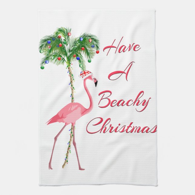 Have A Beachy Christmas Flamingo Tea Towel (Vertical)