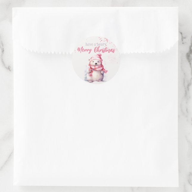 Have A Beary Merry Christmas Polar Bear Funny Pink Classic Round Sticker (Bag)