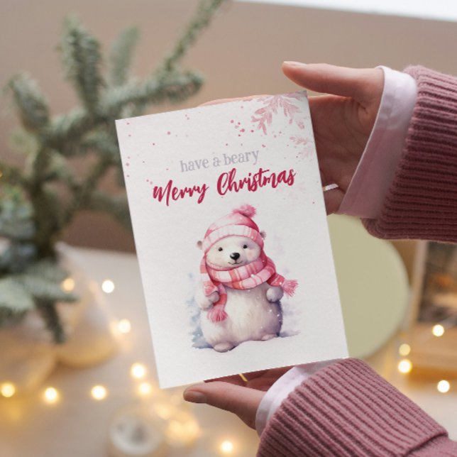 Have A Beary Merry Christmas Polar Bear Funny Pink Holiday Postcard (Creator Uploaded)