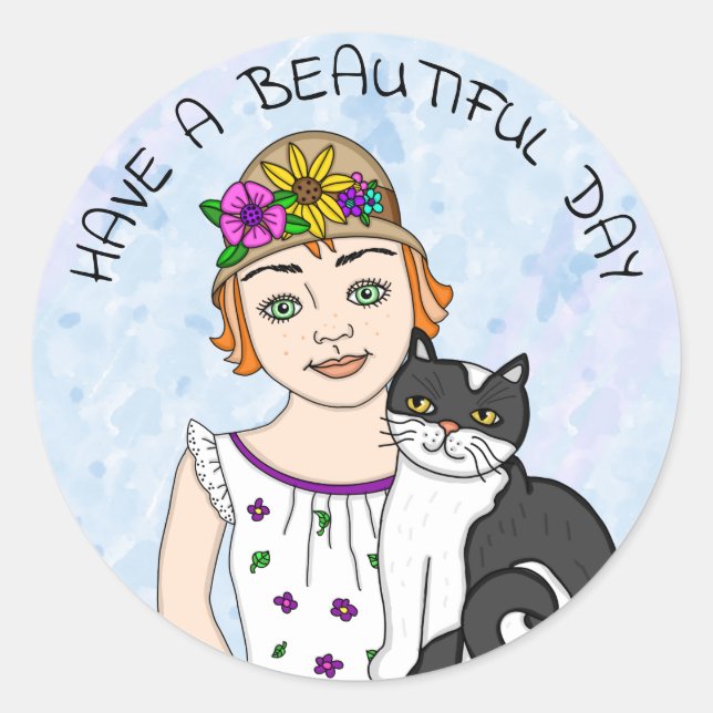 Have a Beautiful Day! Folk Art Girl and Cat  Classic Round Sticker (Front)