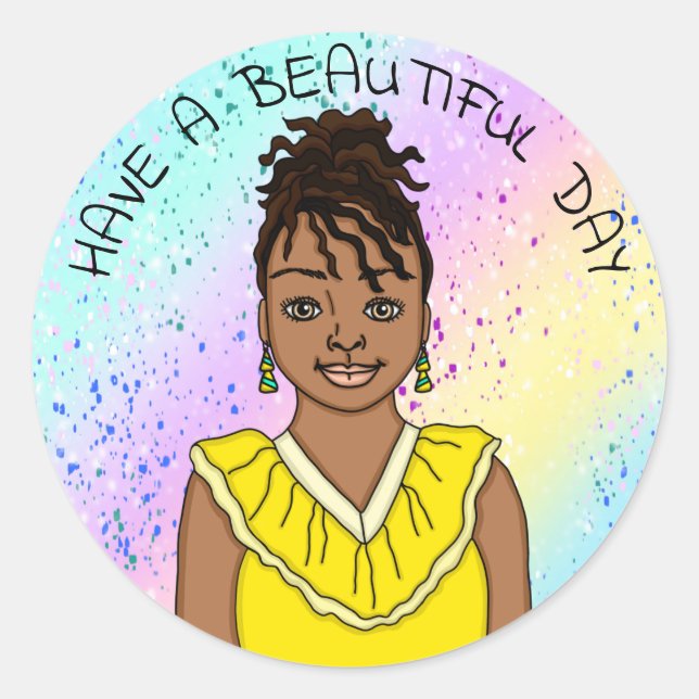 Have a Beautiful Day! Folk Art Girl   Classic Round Sticker (Front)