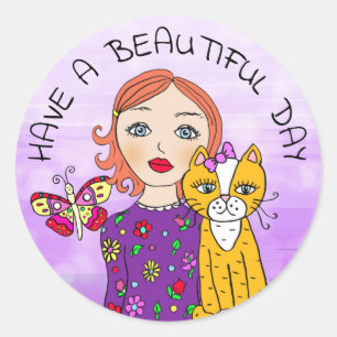 Have a Beautiful Day Whimsical Folk Art Girl Classic Round Sticker