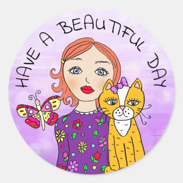 Have a Beautiful Day Whimsical Folk Art Girl Classic Round Sticker (Front)
