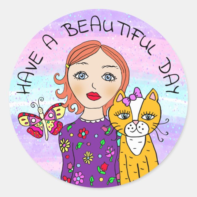 Have a Beautiful Day Whimsical Folk Art Girl   Classic Round Sticker (Front)