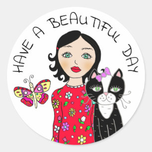 Have a Beautiful Day Whimsical Folk Art Girl Classic Round Sticker