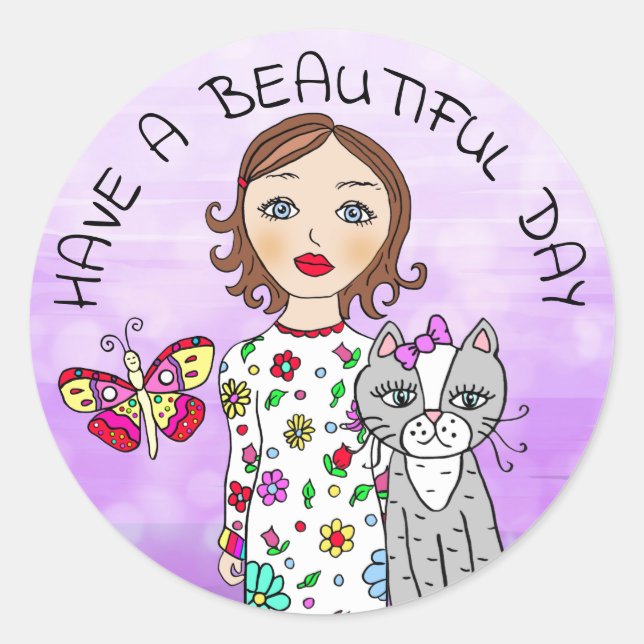 Have a Beautiful Day Whimsical Folk Art Girl Classic Round Sticker (Front)