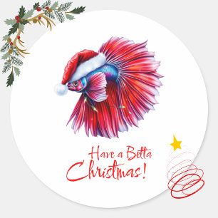 Have a Betta Christmas Funny Santa Fish Lover Pun  Classic Round Sticker