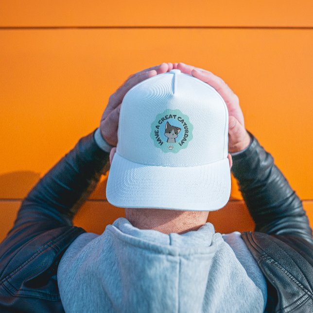 Have a great caturday! Cartoonish Blue Green cat Trucker Hat (Creator Uploaded)