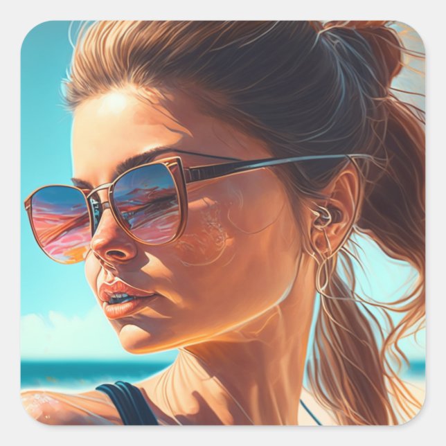 Have a Great Summer | Beautiful Woman at Beach Square Sticker (Front)