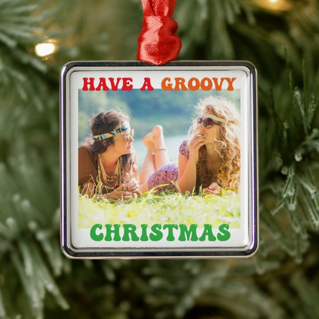 Have a Groovy Christmas Cute Custom Hippie Photo Metal Tree Decoration (Tree)