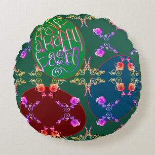 "Have a Happy Easter" Eggs in Green Round Cushion