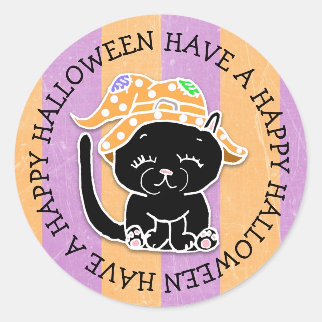 Have a Happy Halloween Cute Black Cat Classic Round Sticker (Front)