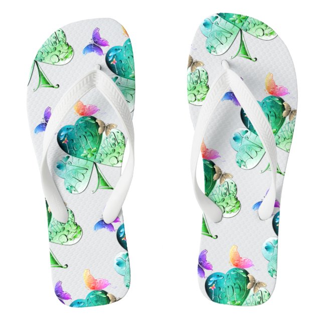 "Have a Happy St. Patrick's" Shamrocks White Flip Flops (Footbed)