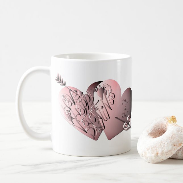 "Have a Happy Valentine's Day"Hand-written Hearts Coffee Mug (With Donut)