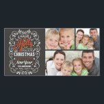 Have A Holly Jolly Christmas Chalkboard 3-Photo Holiday Card<br><div class="desc">Festive and folksy curly blackboard style Christmas Holiday greetings photo template on trendy flat cards. Whimsical chalkboard style swirly frame with colourful and cheerful chalk-art typography and retro mix of hand-lettered styles, decorated with frosty foliage and holly berries. Add your favourite holiday family photos and customise the text. Modern way...</div>