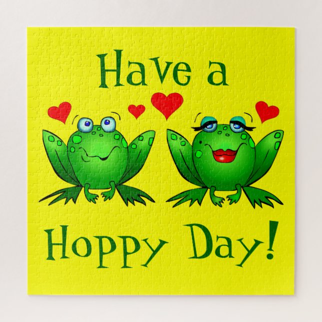 Have a Hoppy Day Cute Cartoon Frogs Green Yellow Jigsaw Puzzle (Vertical)
