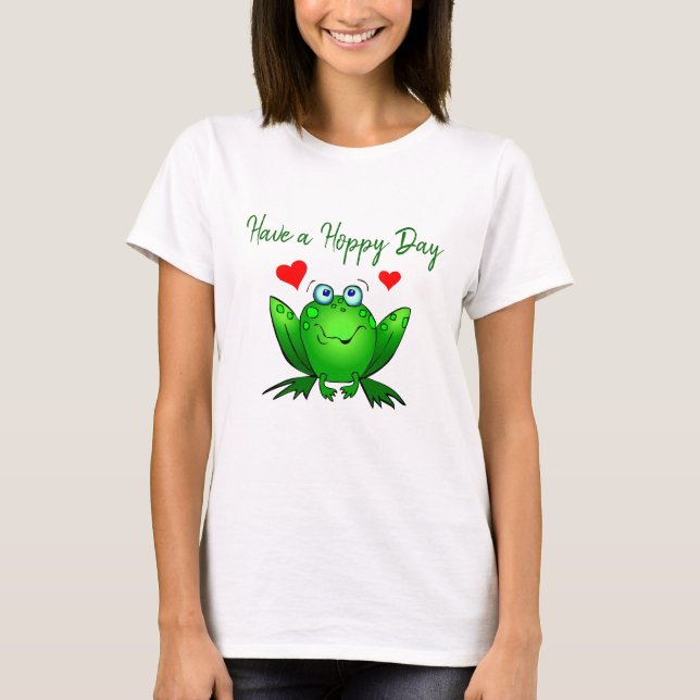 Have a Hoppy Day Cute Green Frog w Hearts T-Shirt (Front)