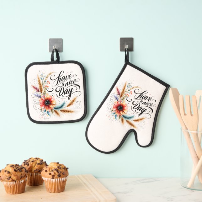 Have a Nice day floral Oven Mitt & Pot Holder Set (Insitu(Hanging))