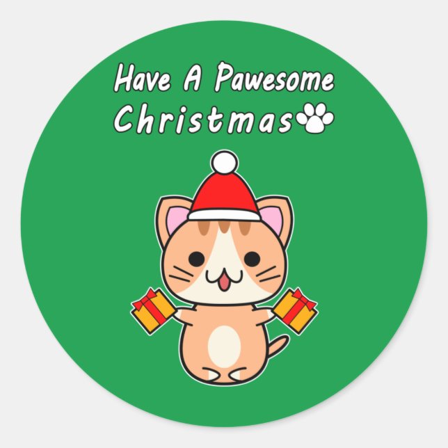 Have A Pawesome Christmas - Ginger Tabby Cat Classic Round Sticker (Front)
