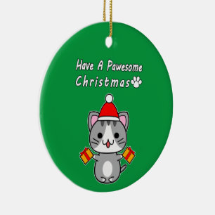Have A Pawesome Christmas - Grey Tabby Cat Ceramic Tree Decoration