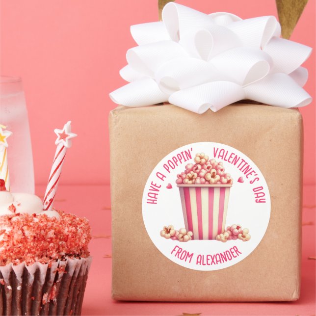 Have a Popping Valentine's Day Pink Popcorn Heart Classic Round Sticker (Party)