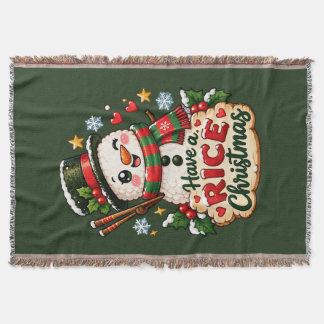 Have a Rice Christmas Kawaii Sushi Snowman Throw Blanket