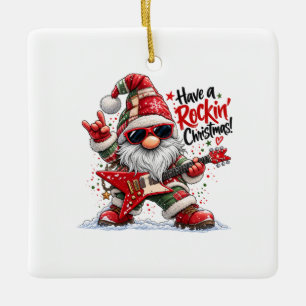 Have a Rockin' Christmas Guitar Gnome Ceramic Ornament