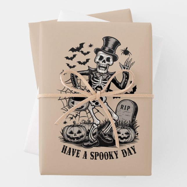 Have a spooky Day Halloween Witch Skeleton  Wrapping Paper Sheet (In situ)