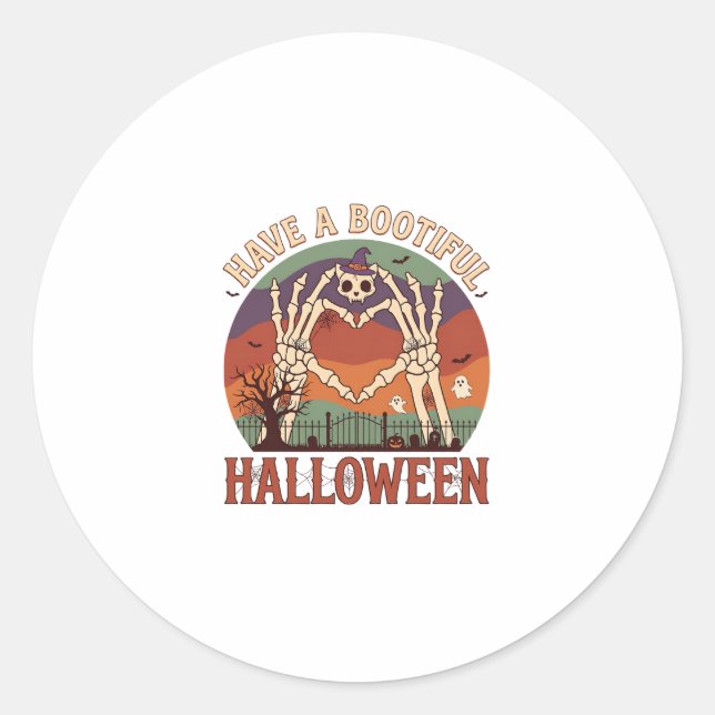 Have Bootiful Halloween Skeleton Hands Cat Skull W Classic Round Sticker (Front)