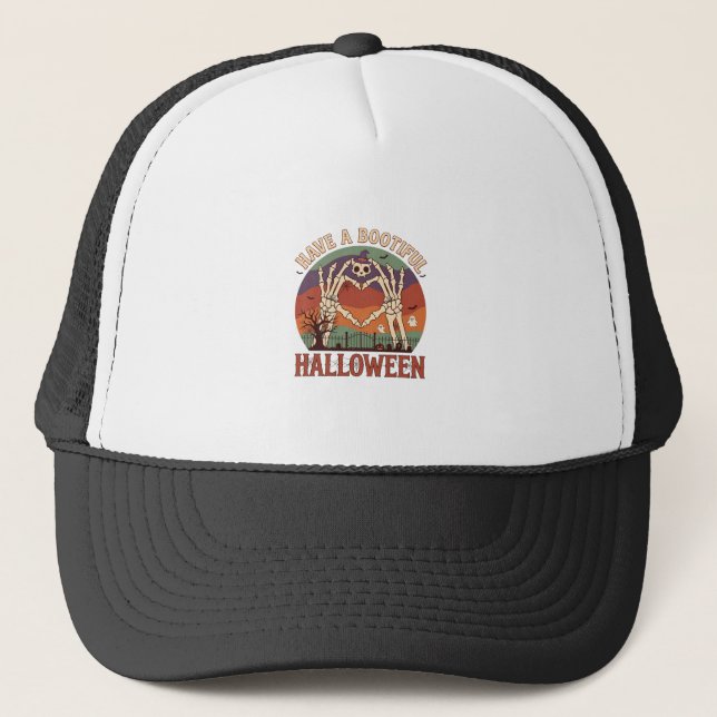 Have Bootiful Halloween Skeleton Hands Cat Skull W Trucker Hat (Front)