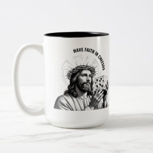 Have faith in Cheesus - Funny Jesus Meme Two-Tone Coffee Mug