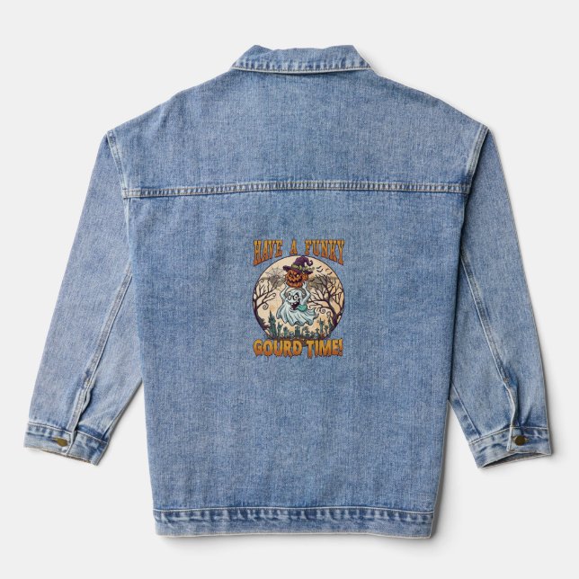Have Funky Gourd Time Ghost Pumpkin Graveyard Denim Jacket (Back)
