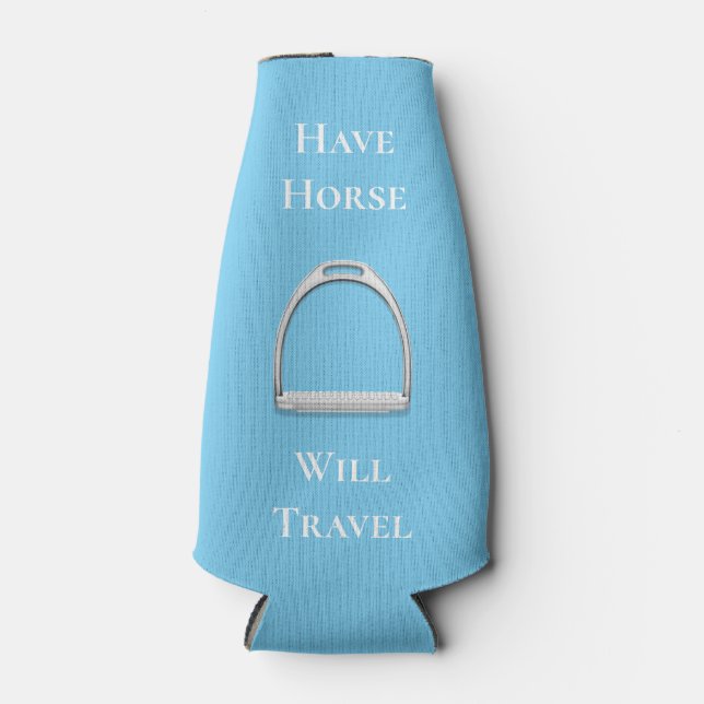"Have Horse Will Travel" Equestrian Blue Bottle Cooler (Front)