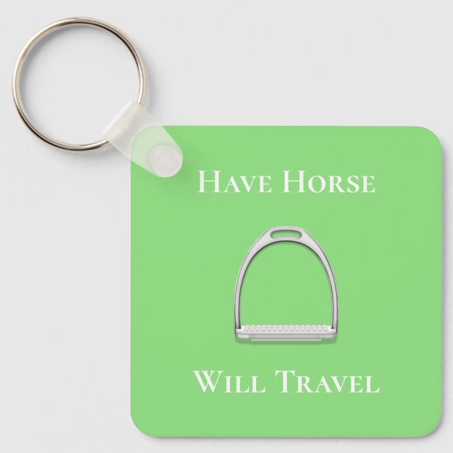"Have Horse Will Travel" Stirrup Iron Lime Green Key Ring (Front)