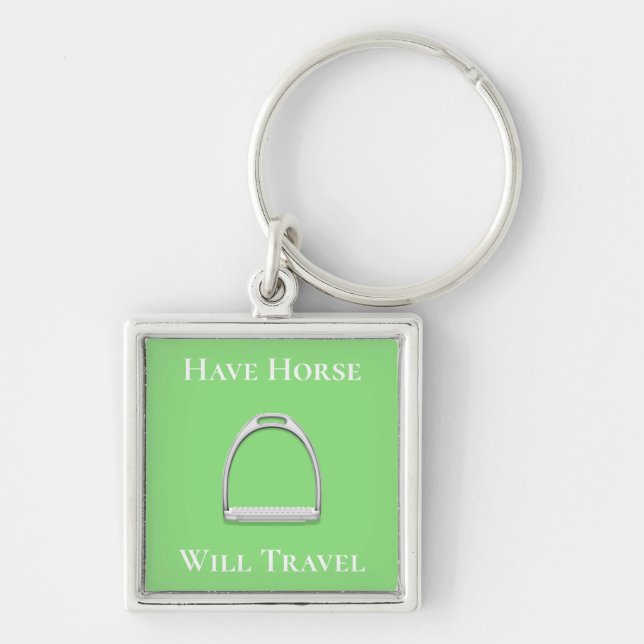 "Have Horse Will Travel" Stirrup Iron Lime Green Key Ring (Front)