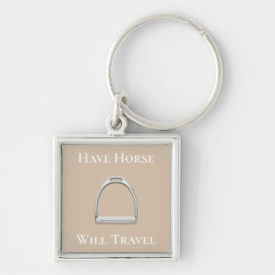 "Have Horse Will Travel" Stirrup Iron on Beige Key Ring