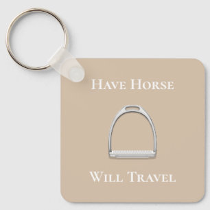 "Have Horse Will Travel" Stirrup Iron on Beige Key Ring