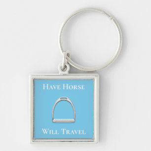 "Have Horse Will Travel" Stirrup Iron on Blue Key Ring