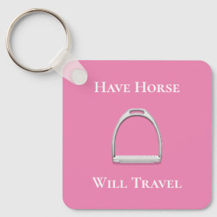 "Have Horse Will Travel" Stirrup Iron on Pink Key Ring