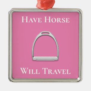 "Have Horse Will Travel" Stirrup Iron on Pink Metal Tree Decoration