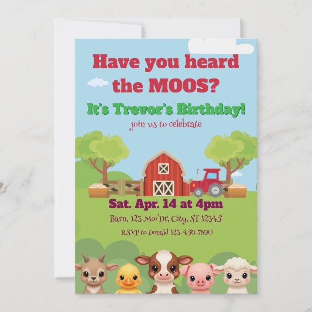 Have you heard the Moos, Barnyard animal Birthday Invitation (Front)