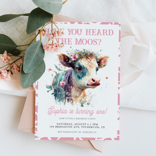 Have You Heard the Moos Pink Cow 1st Birthday Invitation (Creator Uploaded)